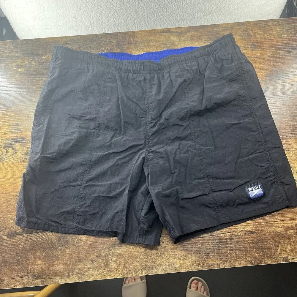 Vintage Speedo Men's Medium Black Swim Shorts Regular Drawstring Mesh Lined